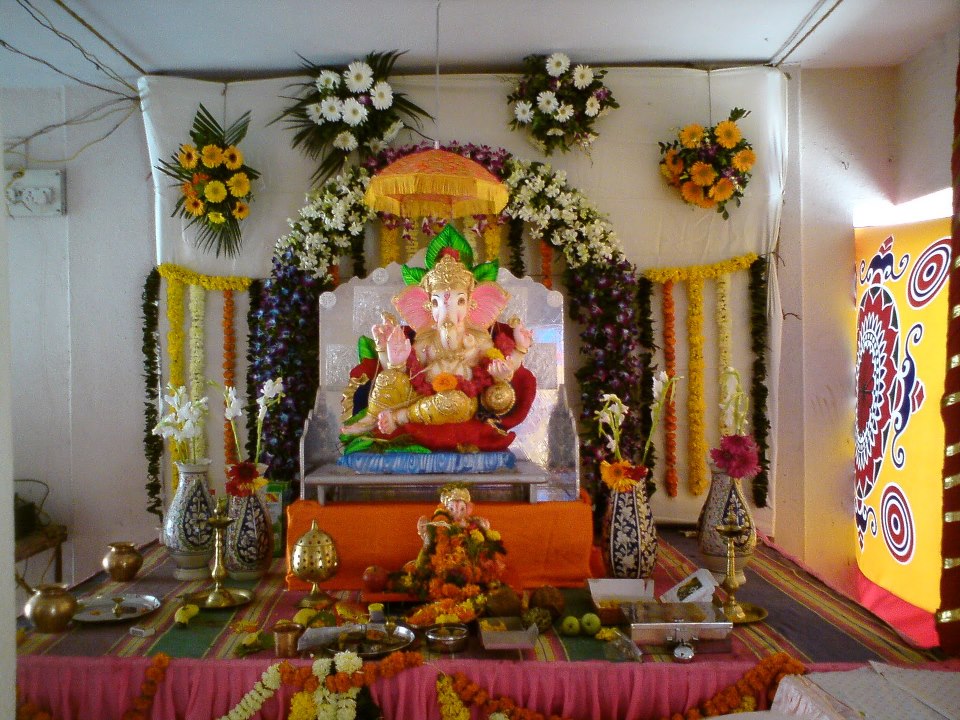 Ganesha in divan with beautifully decorated flowers 