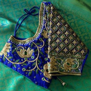 23. Royal Blue blouse with Golden lotus maggam work blouse