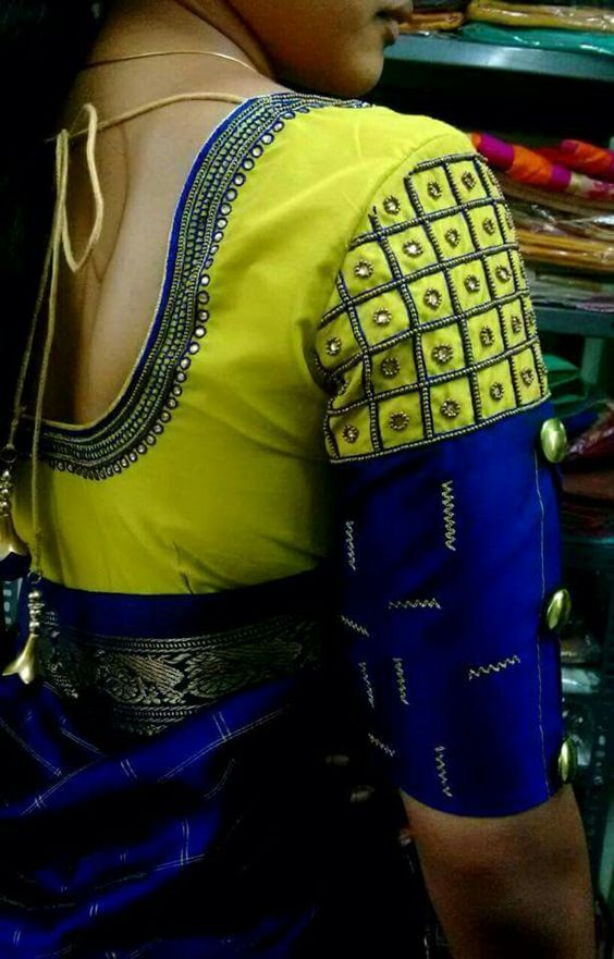 25.Yellow and royal blue blouse with simple checks maggam work 