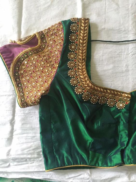 29. Dark green blouse with short sleeve vanki design maggam work
