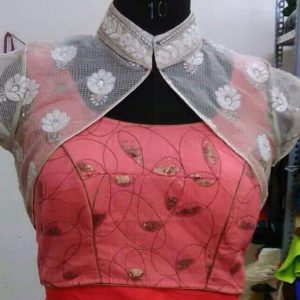 Round neck Blouse with Netted coat and chinese collar