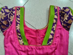 36. Pink Blouse with Royal Blue and green patch work