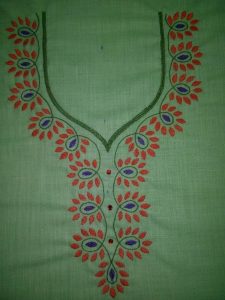 19. Green top with orange thilagam embroidery design