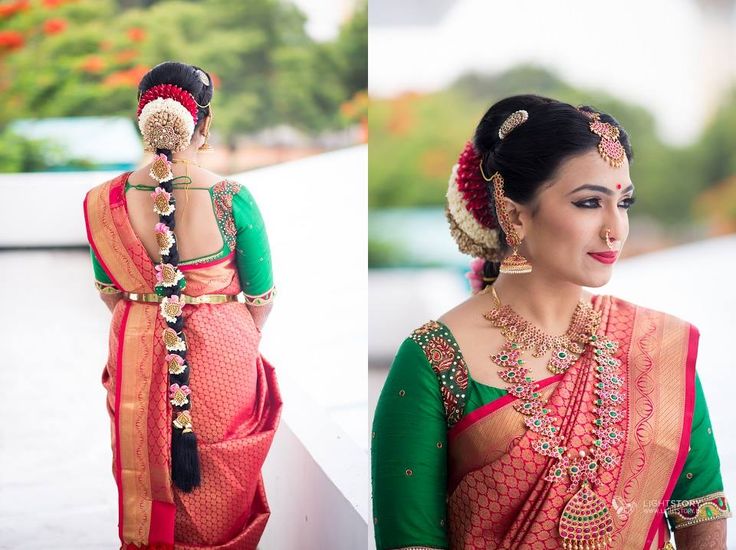 23. Red silk saree with contrast Green Blouse