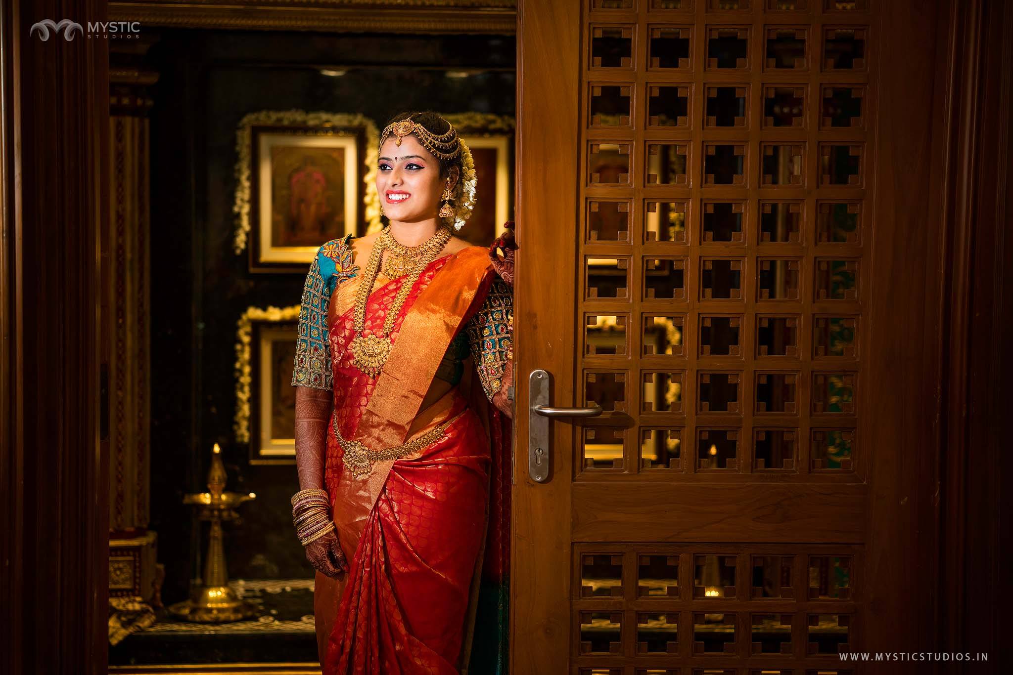 45. Red kancipuram silk saree with contrast blouse 