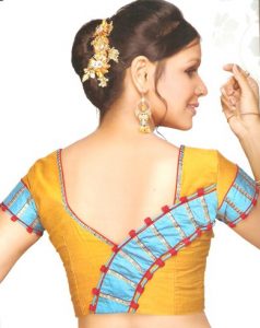 7. Yellow Blouse with Blue semi circle patch blouse back design