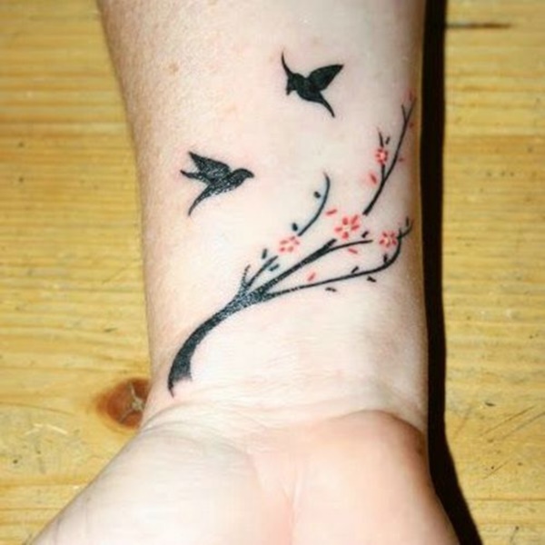 10.Birds with Stem and Flowers Tattoo