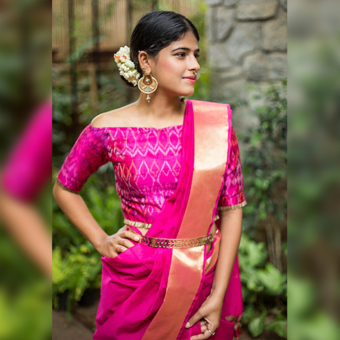 18.Off shoulder silk saree blouse design
