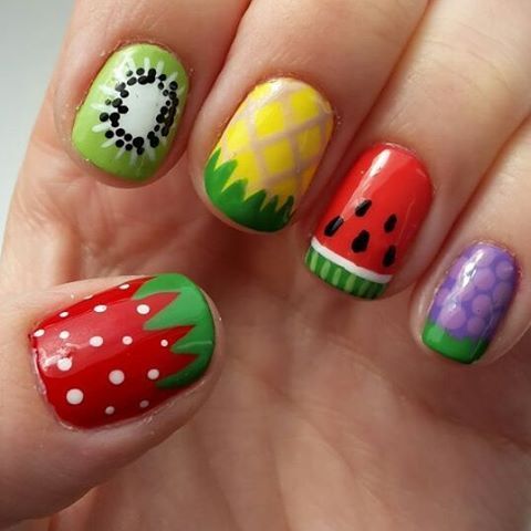 7.Simple Mixed fruit nail art for you 