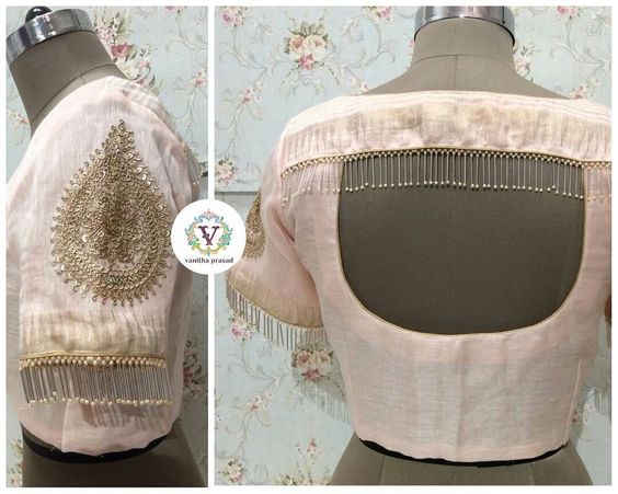 14.String tassels in High back neck blouse design