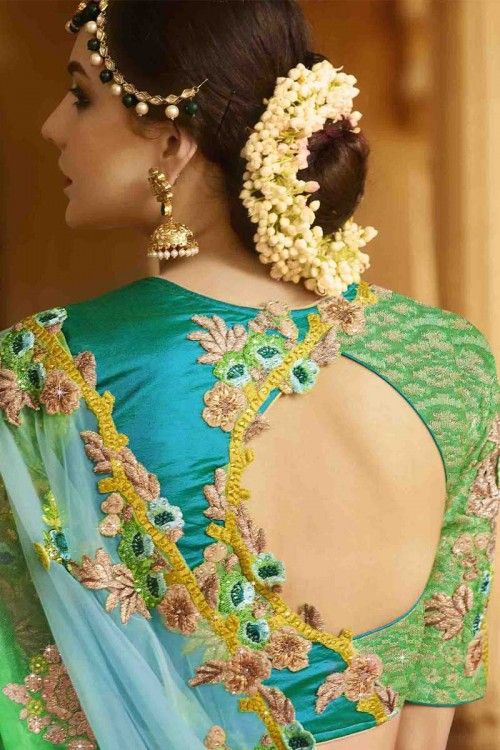 19.Green with Blue High back neck blouse design 