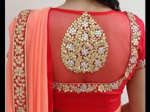 23.Red high back neck blouse design