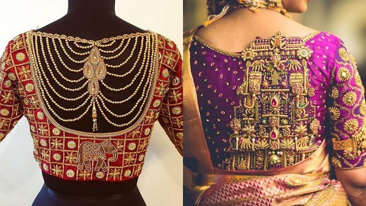 6.Bridal Back blouse design with pearl chain 