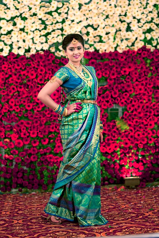 Green silk saree with Royal Blue Border