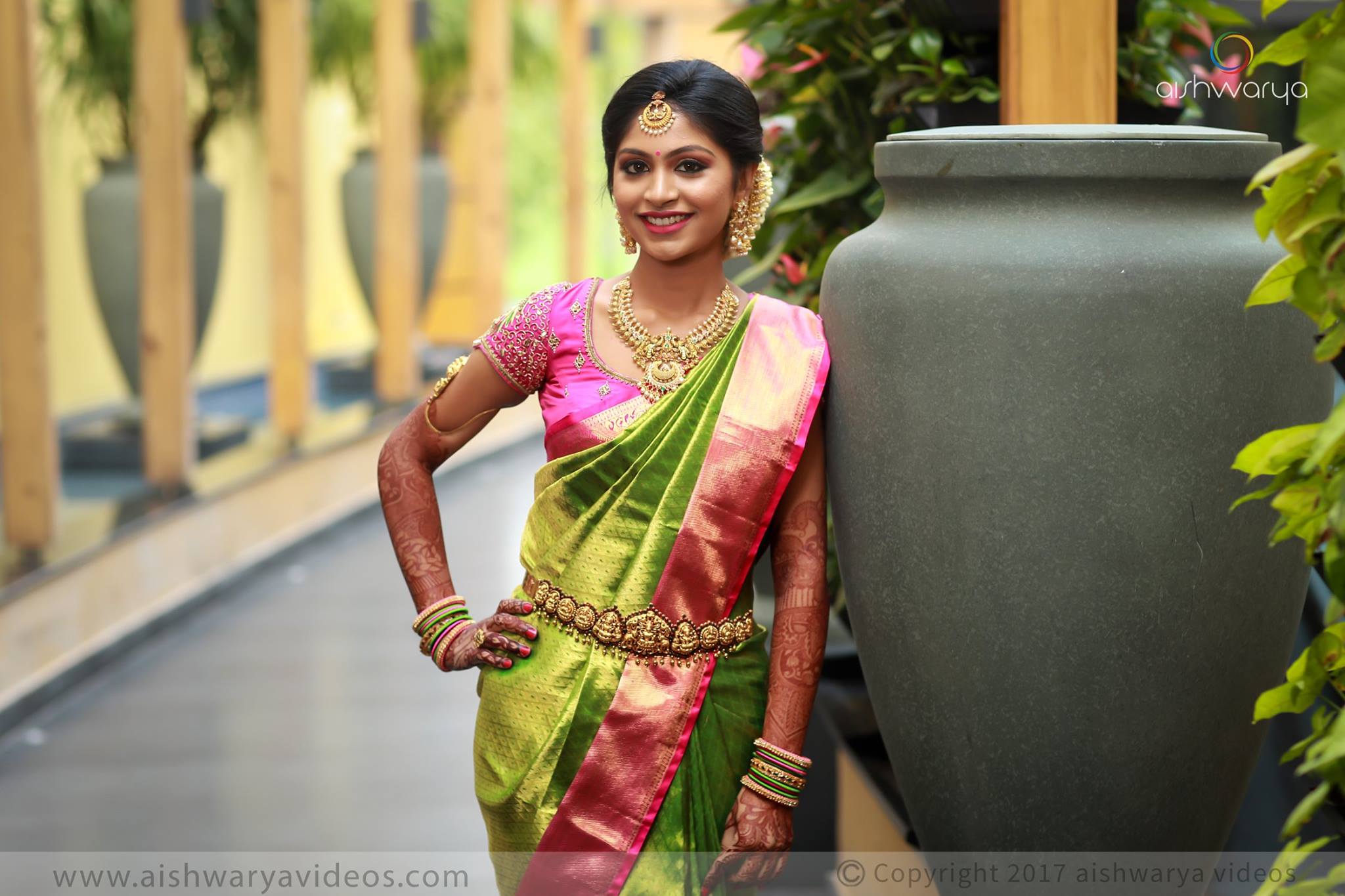 Parrot Green silksaree with Pink Border                                    