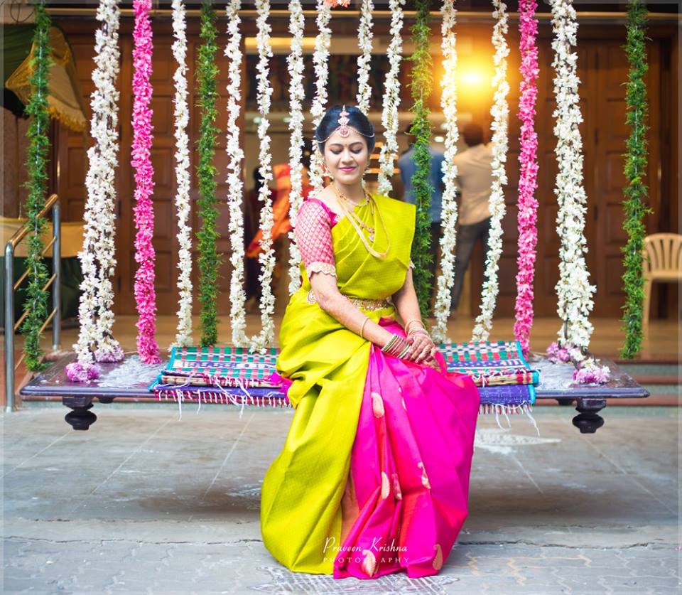 Green with Pink half and half silksaree