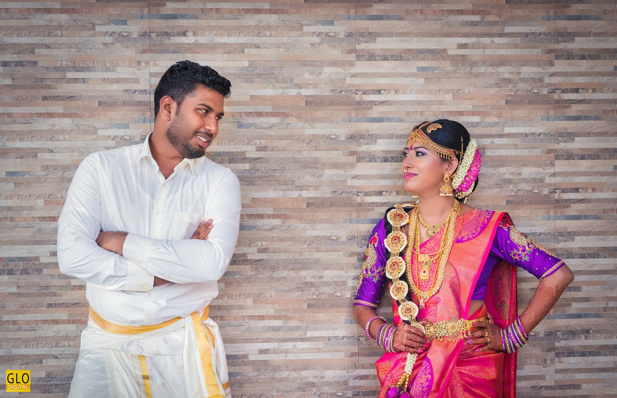 Pink saree and white outfit couples 