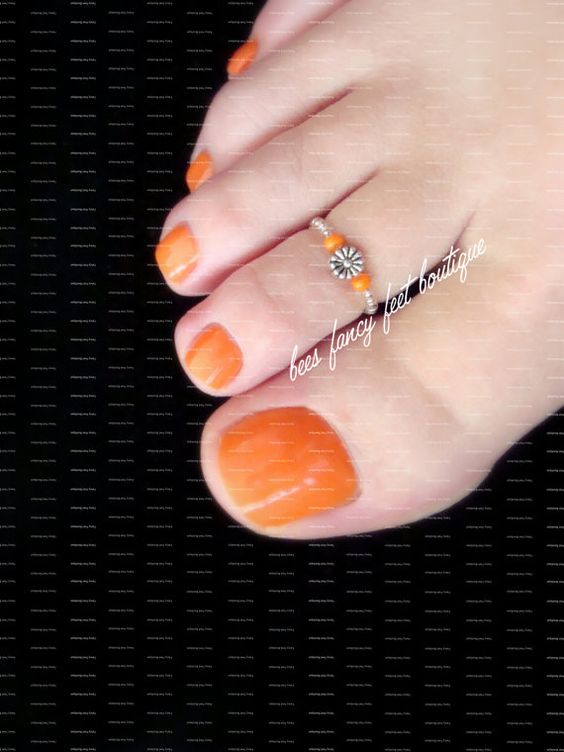Orange bead silver toe ring