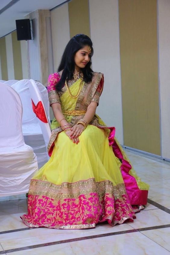 Yellow with Pink Border designer saree