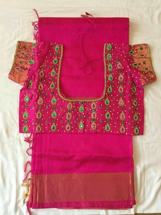 Green and Pink Thilagam stone work blouse