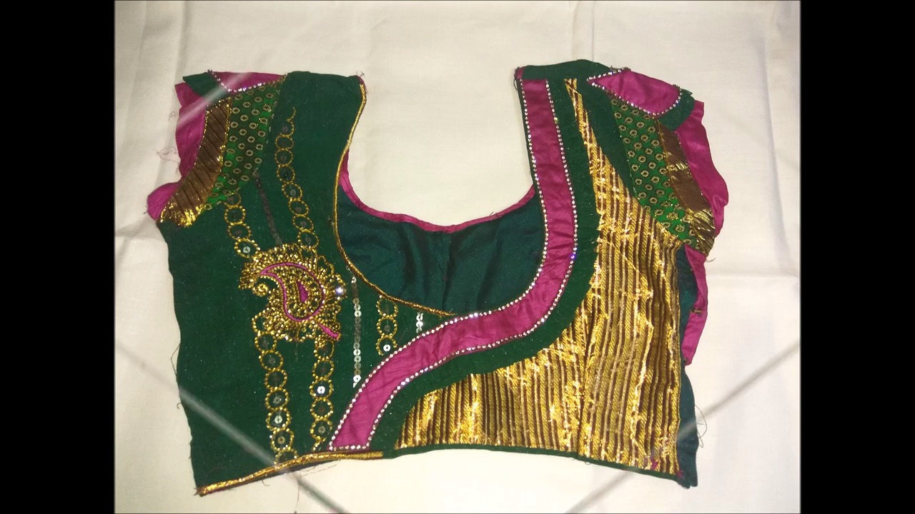 10. Green Blouse with Golden and Pink Patch work 