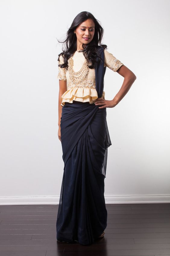 Navy Blue Saree with peplum Blouse