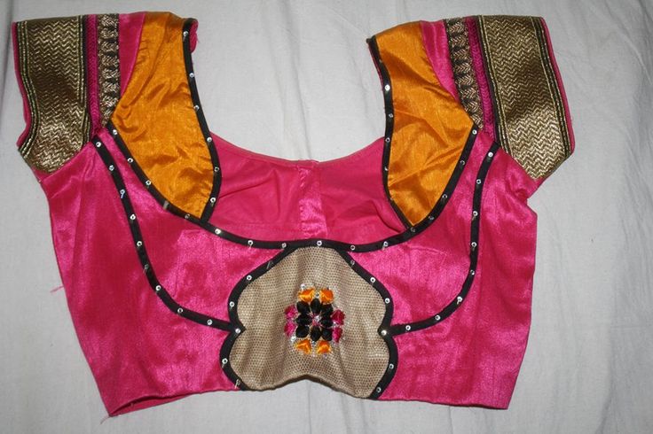 14. Pink Blouse with black and mango yellow patch work