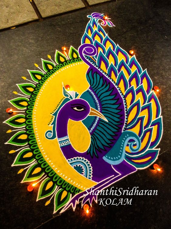 Violet and Yellow color Peacock Rangoli