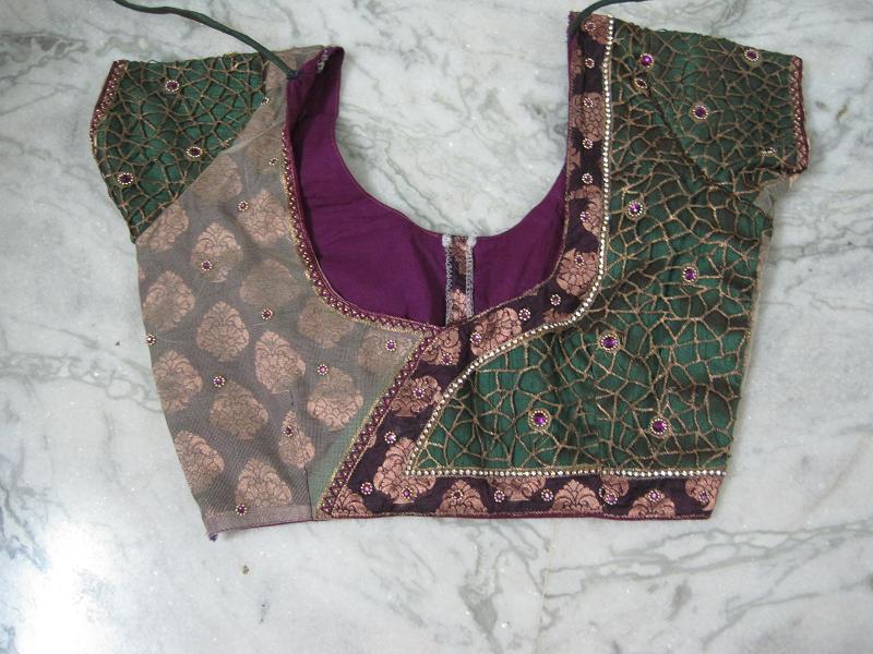 22. Ash color Blouse with Green Spider web patch work 