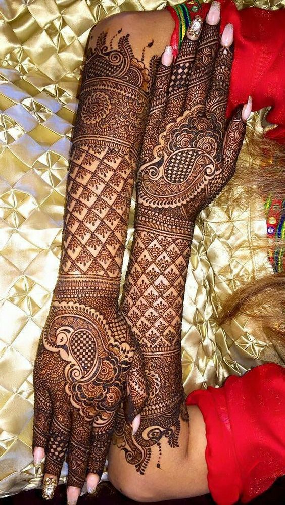 28. Beautiful Peacock and Checkers Bridal Back Hand Mehndi