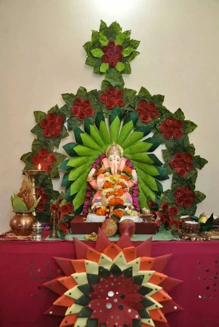 Ganesh Decoration with Leaves and Flowers