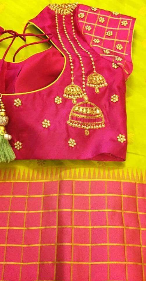 30. Pink blouse with three jumka design maggam work