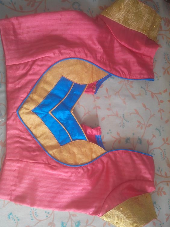 42. Pink Blouse with Golden and Blue Patch Work
