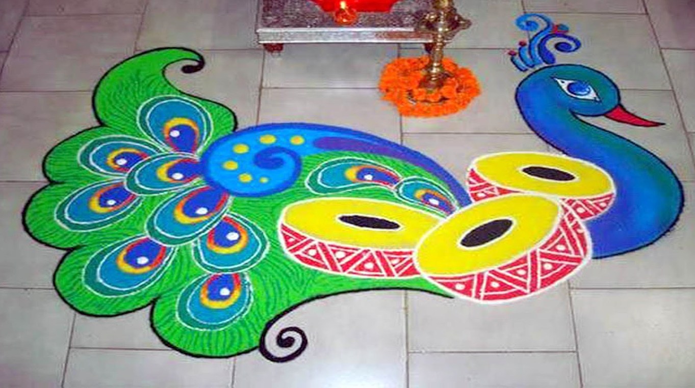 Colorful Peacock With Drums Rangoli