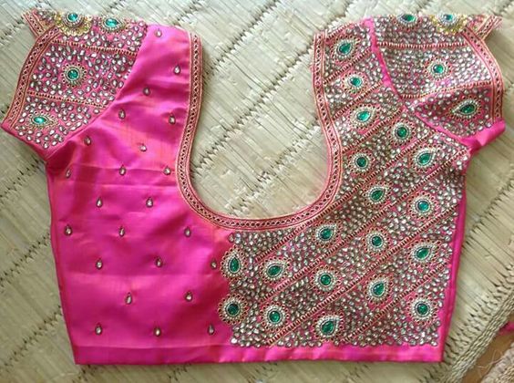 43. Heavy work kundan pink and green stones maggam work blouse