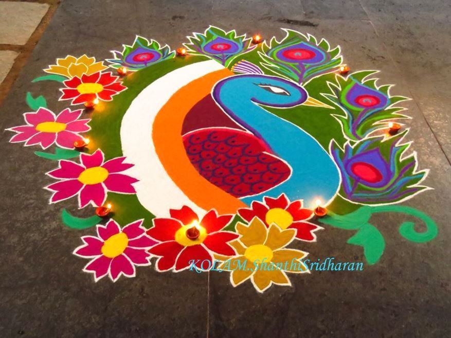 Indian flag with peacock Rangoli