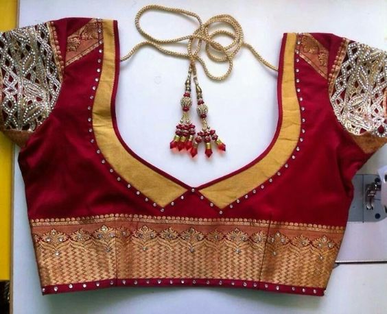 44. Red Blouse with Yellow patch and stone work