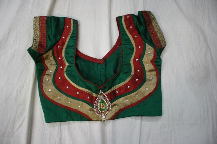8. Green Blouse with red and gold color patch work