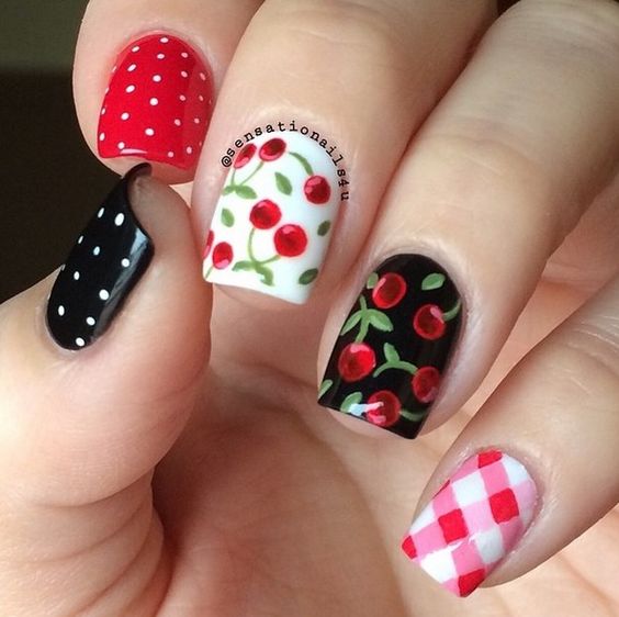 5.Black and white Cheery Nail art 