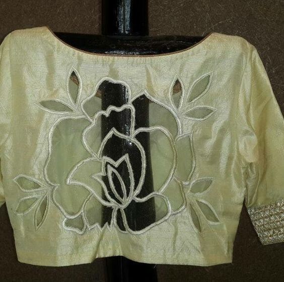 15.Beautiful cut work rose high back neck blouse design 