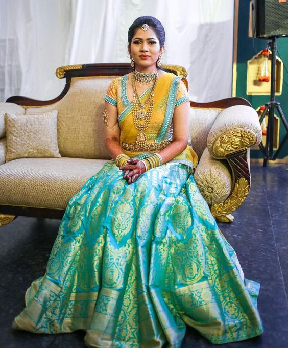 23.yellow with cyan bridal lehnga