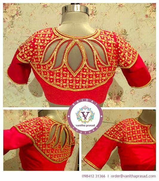 28.Red Lotus High neck Back Blouse design 