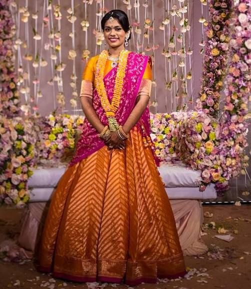 34.Mango yellow with pink bridal lehnga 