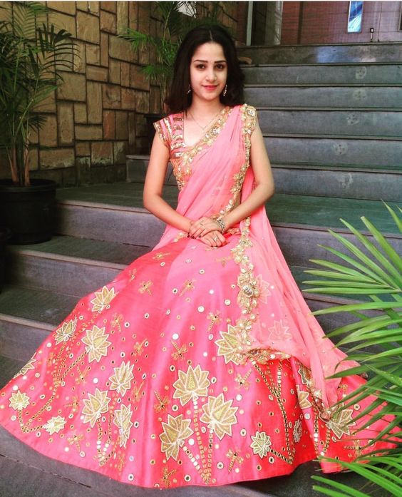 38.Pink Lehnga with lotus flowers 