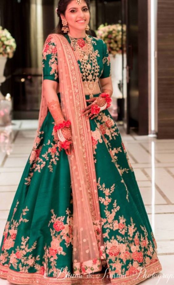 42.Green with Rose flower designer lehnga 