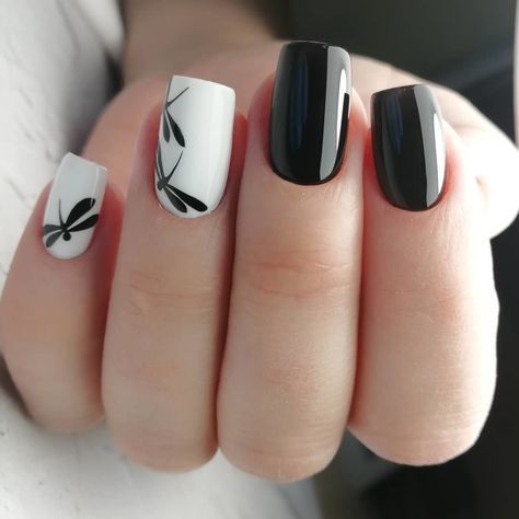 33.Butterfly Black and white nail art 