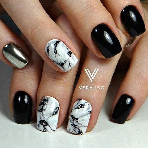 37.Silver Nails with black and white 