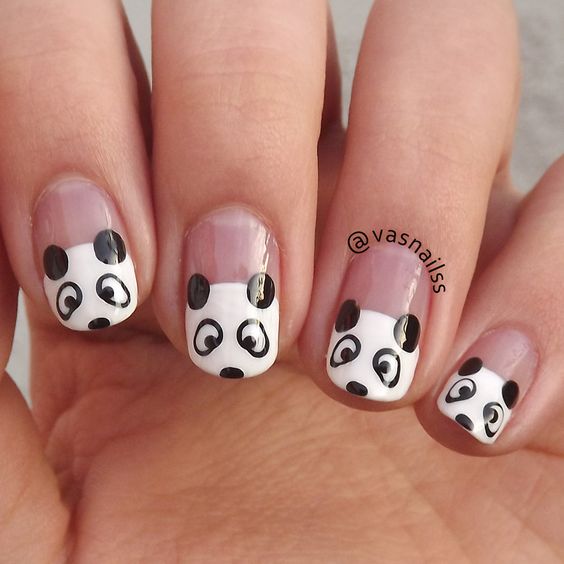 55.Panda black and white nail art 