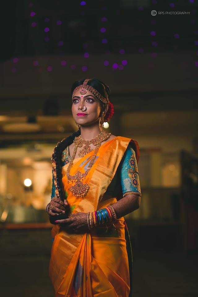 Mango yellow silksaree with Blue Blouse 