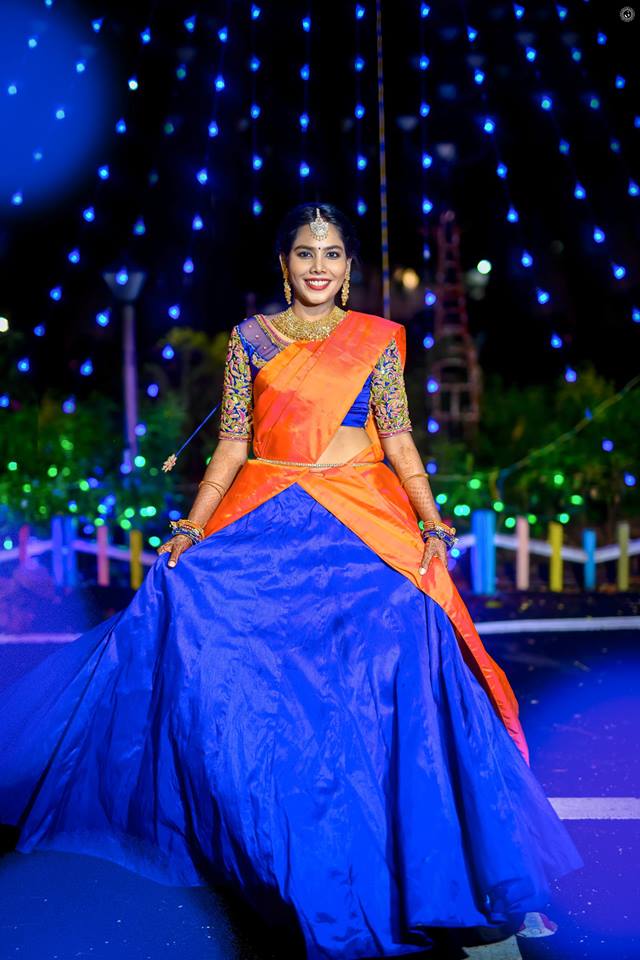 Orange with blue silk halfsaree